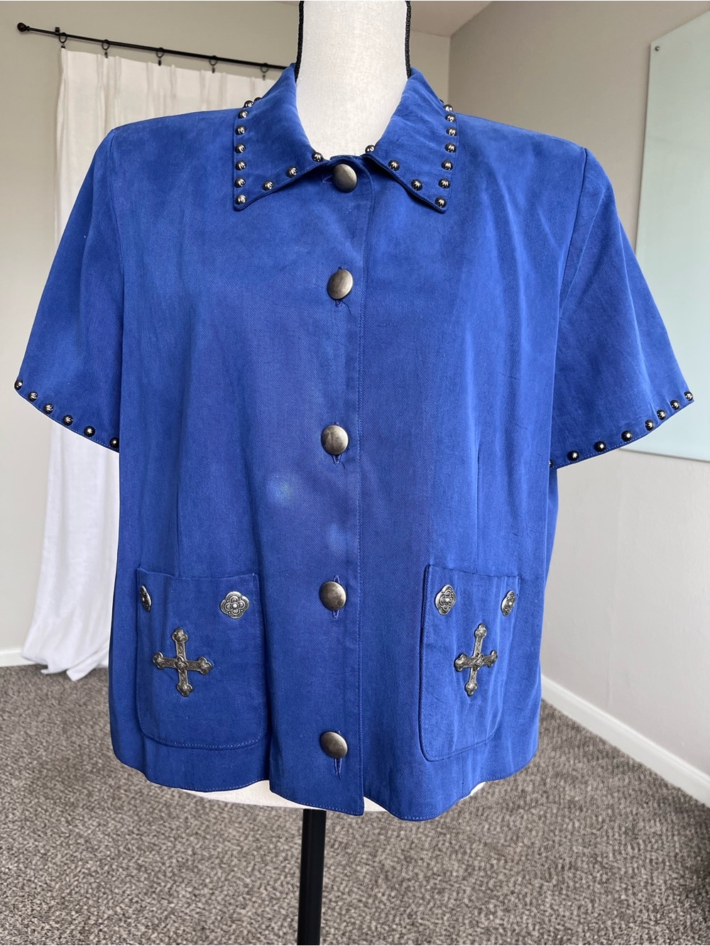 Vintage Double D Ranch Western Cross Studded Tencel Top Blue L